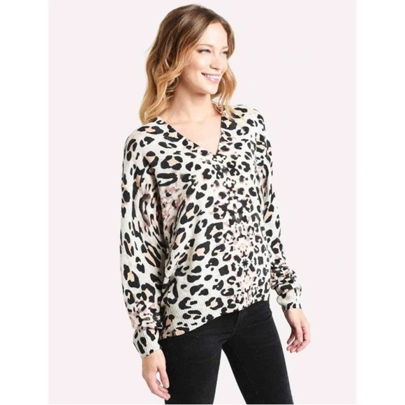 Brochu Walker 100% Cashmere Leopard Animal Print V-Neck Sweater Oversized - Picture 8 of 12